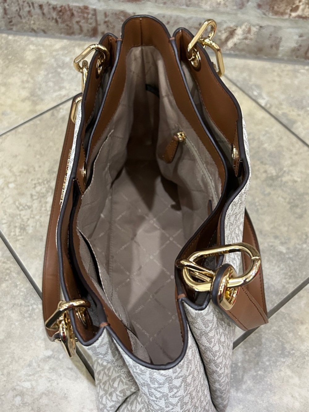 Michael Kors Cream and Brown Logo-Print Tote with Gold Hardware - Picture 6 of 11